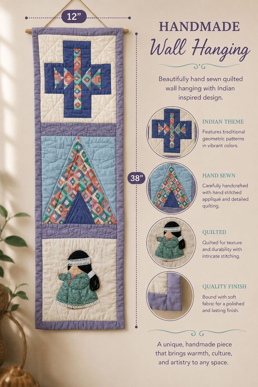 Handmade Quilt Wall Hanging Native Indian Theme Teepee Girl Fabric Art 12x38